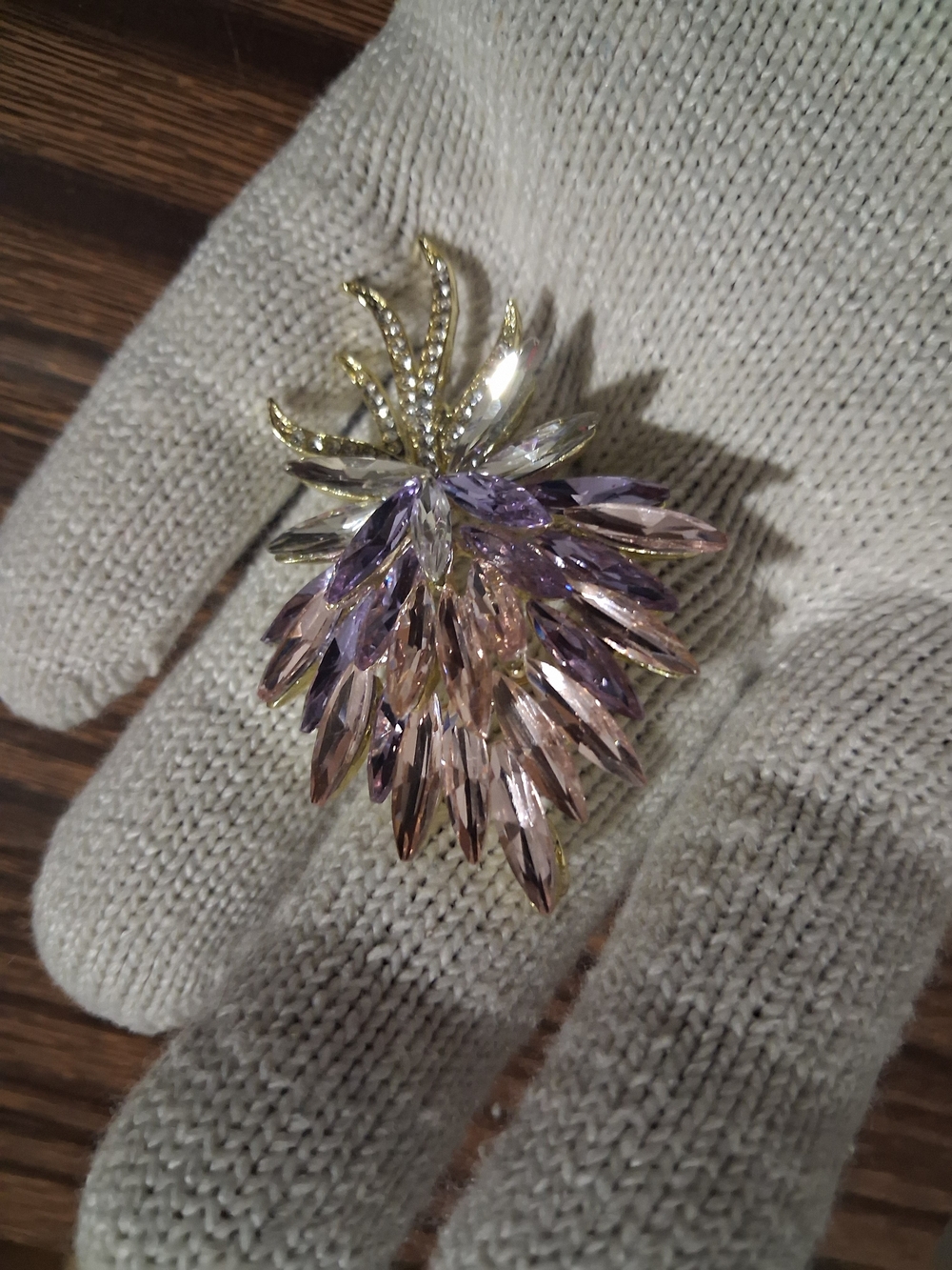Gold-Tone Lavender and Blush Crystal Floral Brooch